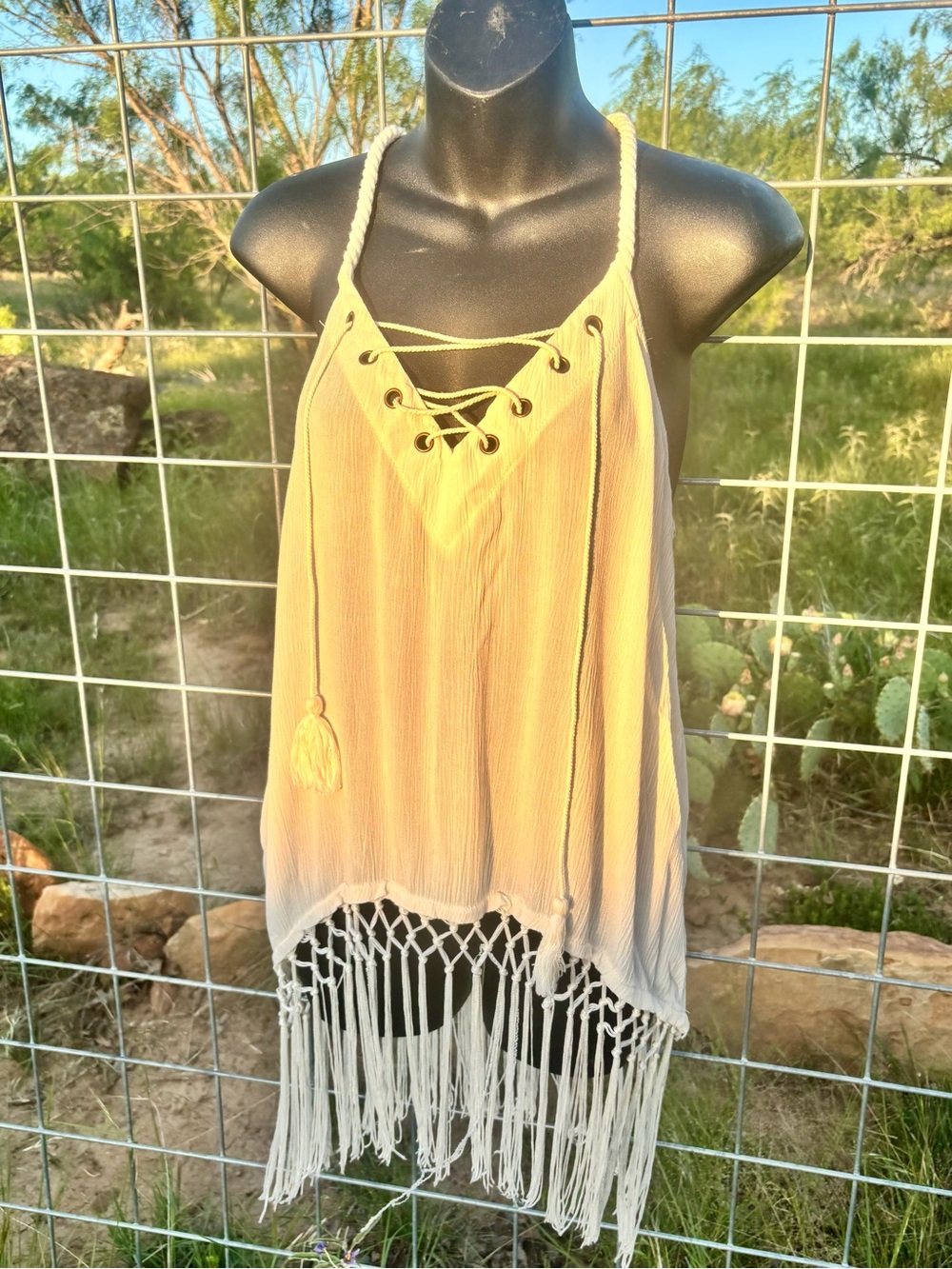 Boho Tassel Fringe Halter Top in Cream White